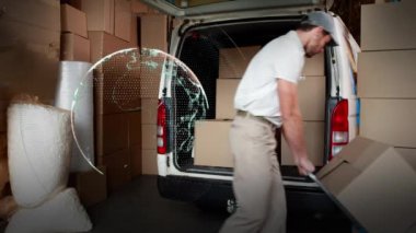 Karton kutulu teslimatçının üzerindeki dünya çapındaki bağlantıların animasyonu. küresel gönderim ve bağlantılar konsepti dijital olarak oluşturulmuş video.