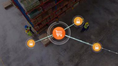 Depoda çalışan insanlar üzerindeki bağlantı ağının animasyonu. küresel gönderim ve bağlantılar konsepti dijital olarak oluşturulmuş video.