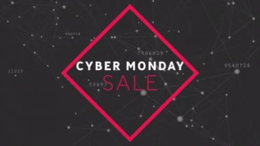 Bağlantı ağları üzerinden siber pazartesi satışı metninin animasyonu. küresel çevrimiçi satış, alışveriş ve bağlantılar konsepti dijital olarak oluşturulmuş video.