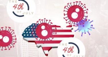 Amerikan bayrağıyla renklendirilmiş ABD haritası üzerinde yasaklı işareti ve covid 19 virüs hücresi. Vatanseverlik ve kutlama konsepti dijital olarak oluşturulmuş video.
