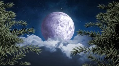 Kış manzarası ve ay boyunca Noel Baba 'nın ren geyikleriyle kızakta canlandırılması. Noel, gelenek ve kutlama konsepti dijital olarak oluşturuldu.