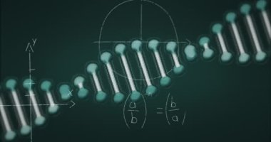 Matematiksel denklemlerin animasyonu üzerinde DNA ipliği üzerinde siyah arkaplan. küresel tıp, sağlık ve teknoloji konsepti dijital olarak üretilen video.