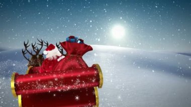 Noel Baba 'nın kızakta Noel hediyeleri ve kış manzarasına yağan karla canlandırılması. Noel, gelenek ve kutlama konsepti dijital olarak oluşturuldu.