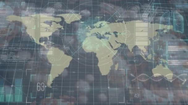 Animation Covid Cells Και Επεξεργασία Δεδομένων Μέσω Του Παγκόσμιου Χάρτη — Αρχείο Βίντεο