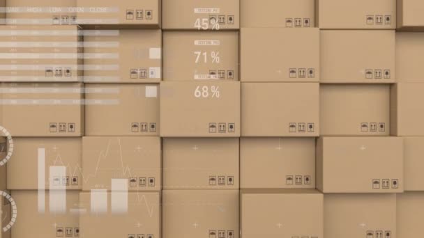 段ボール箱上の統計処理のアニメーション 世界的な出荷と接続の概念デジタル生成されたビデオ — ストック動画