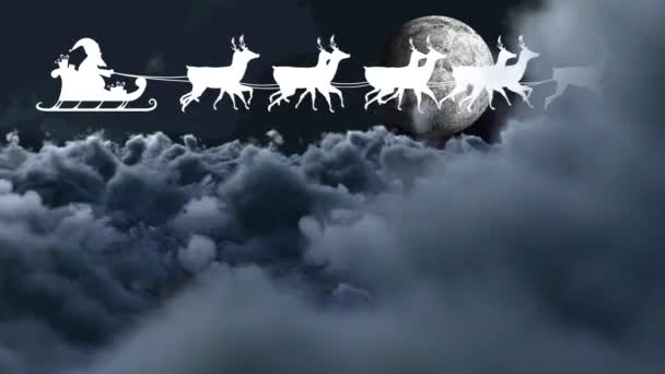 雲や月の上でトナカイと一緒にそりでサンタクラスのアニメーション クリスマス お祝いのコンセプトをデジタルで — ストック動画