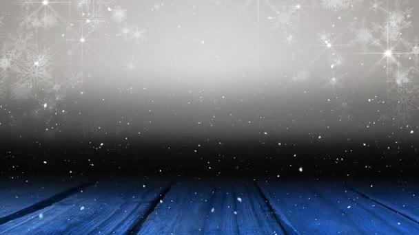 Анімація Снігу Падає Над Сяючими Плямами Світла Копіювальним Простором Дерев — стокове відео