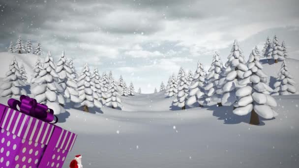 Animazione Babbo Natale Portando Enorme Regalo Natale Neve Che Cade — Video Stock
