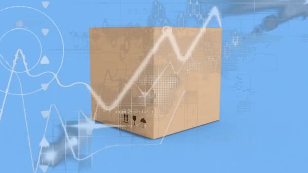 Animation Package Statistics Processing Blue Background Global Shipping Connections Concept — Stock Video