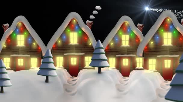 Animazione Neve Che Cade Sopra Case Con Luci Fata Natale — Video Stock