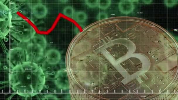 Animación Del Procesamiento Datos Financieros Con Línea Roja Sobre Bitcoins — Vídeo de stock