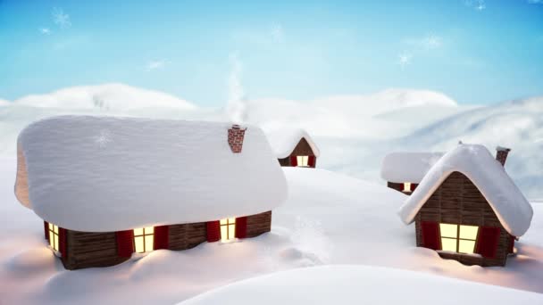 Animación Nieve Cayendo Sobre Paisajes Casas Invierno Navidad Tradición Concepto — Vídeos de Stock