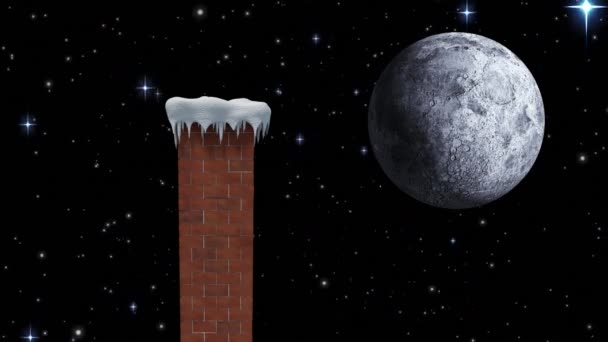 Κινούμενα Σχέδια Χειμερινών Χριστουγέννων Καμινάδα Χιόνι Που Πέφτει Και Φεγγάρι — Αρχείο Βίντεο