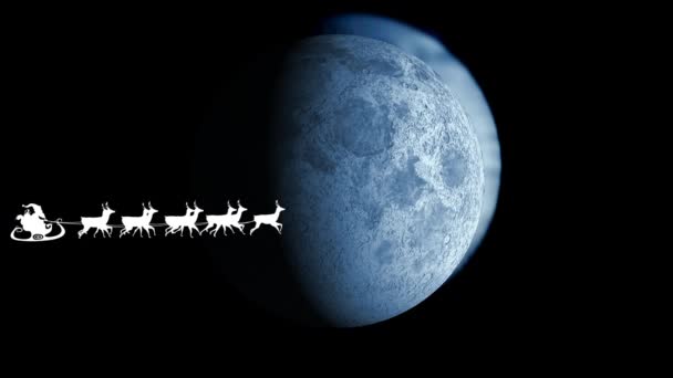 Animation Des Weihnachtsmannes Schlitten Mit Rentieren Die Über Den Mond — Stockvideo