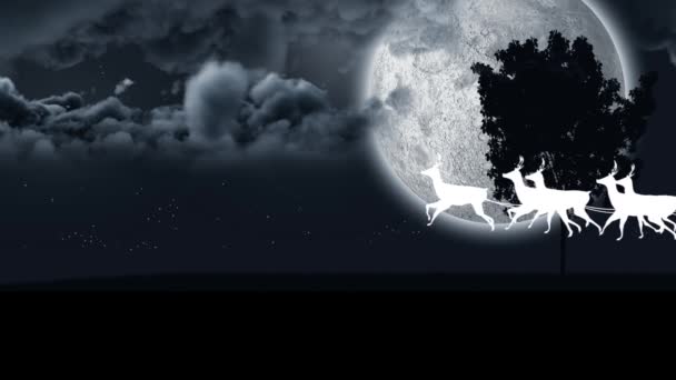 Анімація Санта Клауса Санчатах Оленями Проходять Над Місяцем Деревом Різдво — стокове відео
