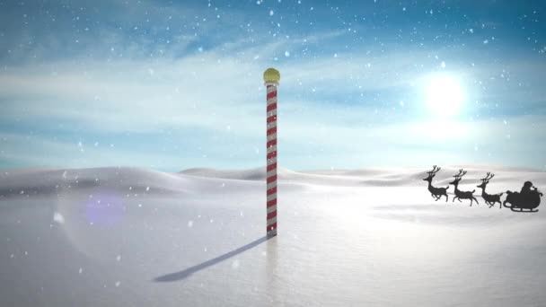 雪橇上的桑塔爪的动画 驯鹿穿过北极和雪地的冬季风景 圣诞节 传统和庆祝概念数字制作的视频 — 图库视频影像