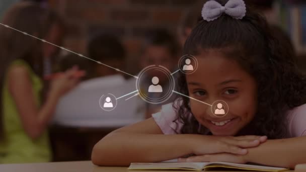 Animación Redes Conexiones Sobre Colegiala Aula Educación Global Interfaz Digital — Vídeo de stock