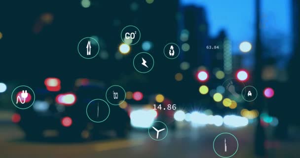 Animación Iconos Digitales Procesamiento Datos Sobre Automóviles Carretera Interfaz Digital — Vídeo de stock