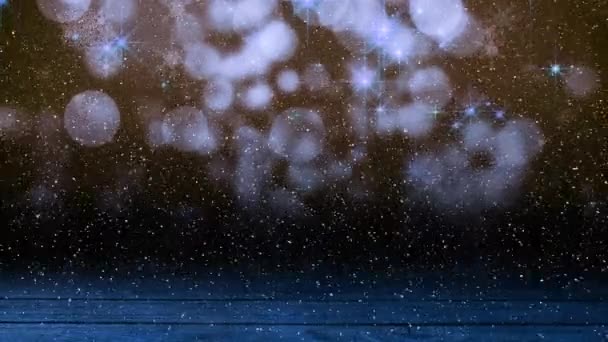 Анімація Снігу Падає Над Сяючими Плямами Світла Копіювальним Простором Дерев — стокове відео