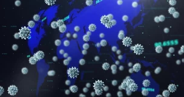 Yüzen Koronavirüs Hücreleri Üzerindeki Dünya Haritasının Animasyonu Küresel Covid Salgın — Stok video
