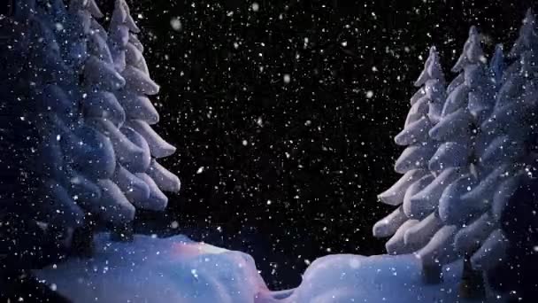Animatie Van Vallende Sneeuw Bomen Zwarte Achtergrond Kerstmis Traditie Viering — Stockvideo