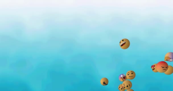 Animation Flera Fallande Emojis Blå Bakgrund Sociala Medier Och Kommunikationskoncept — Stockvideo