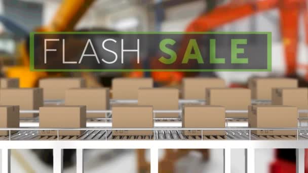 Animatie Van Flash Sale Tekst Kartonnen Dozen Transportbanden Global Delivery — Stockvideo