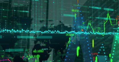 Dünya haritası ve modern ofis binaları üzerinde finansal veri işleme resmi. küresel işletme ve finansman kavramı dijital olarak oluşturulmuş görüntü.