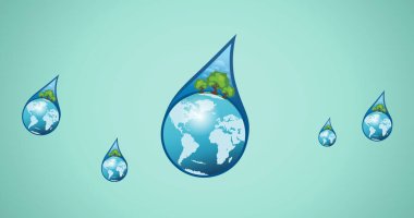 Yeşil zemin üzerindeki su damlacıklarındaki birden fazla kürenin bileşimi. küresel koruma ve Dünya Günü konsepti dijital olarak oluşturulmuş görüntü.