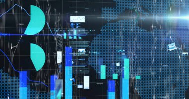 Finansal veri işlemenin dijital görüntüsü ve dünya haritasında mavi arka planda parlayan ışık noktası. Küresel ekonomi ve finans kavramı