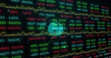 Finansal veri işleme görüntüsü arka plandaki ağ bağlantıları üzerinden. Küresel işletme finans ağı arayüzü kavramı dijital olarak oluşturulmuş görüntü.