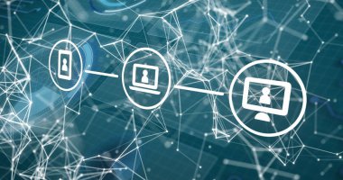 Bağlantı ağı üzerinden iletişim aygıtı simgelerinin resmi. küresel bağlantılar, veri işleme ve dijital arayüz kavramı.