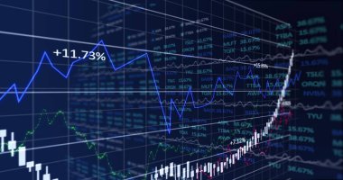 Yeşil, pembe ve mavi borsa işaretleri ve grafikleri olan borsa görüntüsü, kara fon borsasında yükselen ve düşen fiyat.