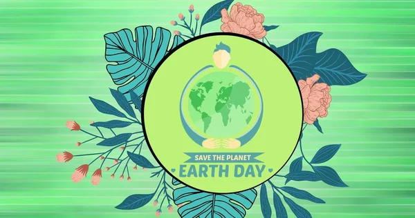 Composition Earth Day Text Green Globe Logo Leaves Flowers Green — Stock Photo, Image