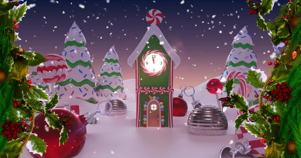 Digital image of snow falling against trees covered in snow, christmas bauble decorations and house with clock on winter landscape. christmas festivity celebration tradition concept