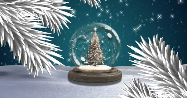 Bild Von Schneekugel Mit Weihnachtsbaum Tannenzweigen Und Schneeflocken Die Auf — Stockfoto