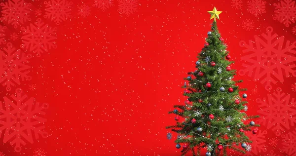 Immagine Albero Natale Con Neve Che Cade Sfondo Rosso Natale — Foto Stock