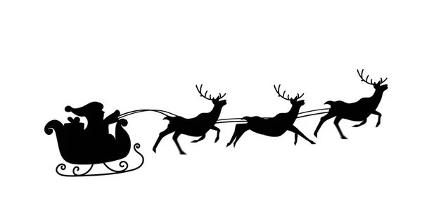 Wizerunek Czarnej Sylwetki Świętego Mikołaja Saniach Ciągniętej Przez Renifera Białym — Zdjęcie stockowe