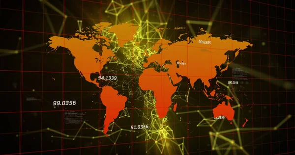 黒い背景に世界地図とデジタルインターフェイス上の接続の浮動ネットワークのイメージ — ストック写真