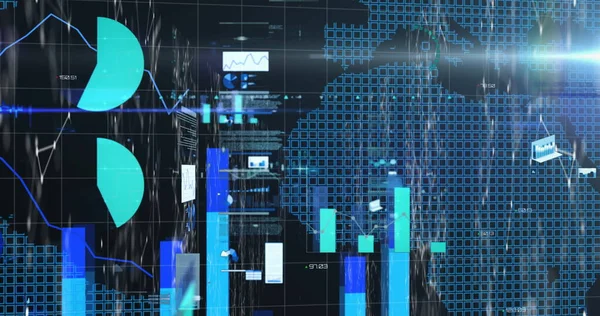 Digitaal Beeld Van Financiële Gegevensverwerking Gloeiende Lichtvlek Wereldkaart Tegen Blauwe — Stockfoto