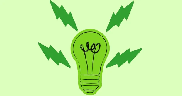 Composition of green light bulb and electricity bolts logo over green background. global conservation and earth day concept digitally generated image.