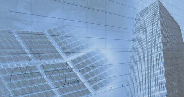 Financial data processing over solar panel against tall buildings. global finances and renewable energy concept