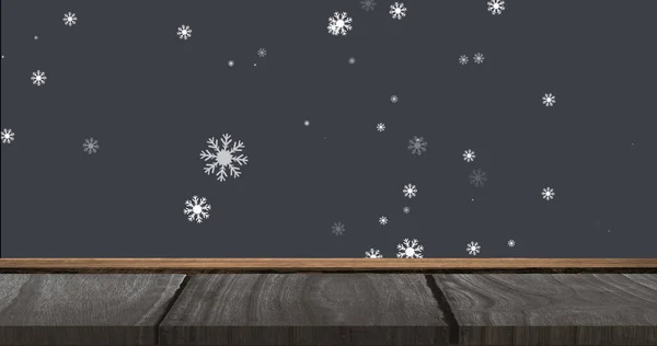 Digital Image Snowflakes Falling Wooden Surface Multiple Christmas Trees Grey — Stock Photo, Image