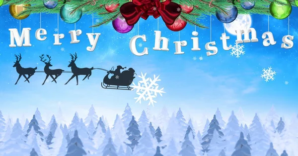 Bild God Jul Text Med Dekorationer Och Svart Siluett Santa — Stockfoto