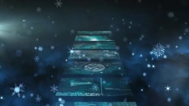 Ardışık arayüz ekranlarının üzerine düşen kar tanelerinin animasyonu veri işleme ile birlikte, siyah üzerine. İletişim, bağlantı ve dijital arayüz teknolojisi konsepti dijital olarak oluşturulmuş video.