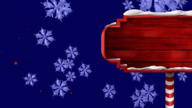 Noel tabelasının üzerine düşen karların animasyonu. Kopya alanı olan tahta tabela. Noel ve kutlama konsepti dijital olarak oluşturulmuş video.