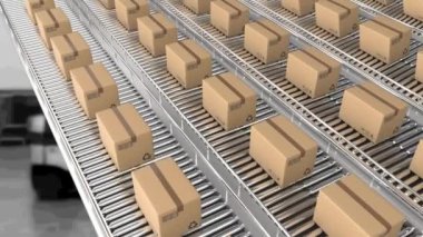 Karton kutuların depodaki taşıma bantlarında hareket etmesi. küresel gönderim ve bağlantılar konsepti dijital olarak oluşturulmuş video.