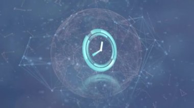 Koyu gri arka planda hareket eden küresel bağlantı ağının üzerindeki saatin animasyonu. İletişim, bağlantı ve arayüz teknolojisi konsepti dijital olarak oluşturulmuş video.