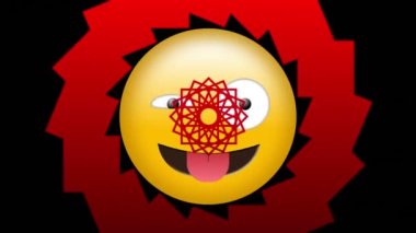 Hareket eden kırmızı kaleydoskopik şekiller üzerinde mutlu emoji simgesi canlandırması. küresel sosyal medya ve iletişim konsepti dijital olarak oluşturulmuş video.
