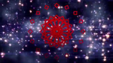 Siyah üzerine yükselen parlak pembe yıldızların üzerinde hareket eden kırmızı kaleydoskopik şeklin animasyonu. communication, link, energy and movement konsepti dijital olarak oluşturulmuş video.